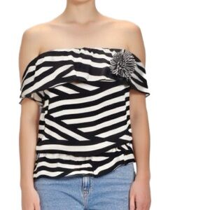 Papaya Black and White Striped Ruffle with Flower Strapless Blouse Size Small